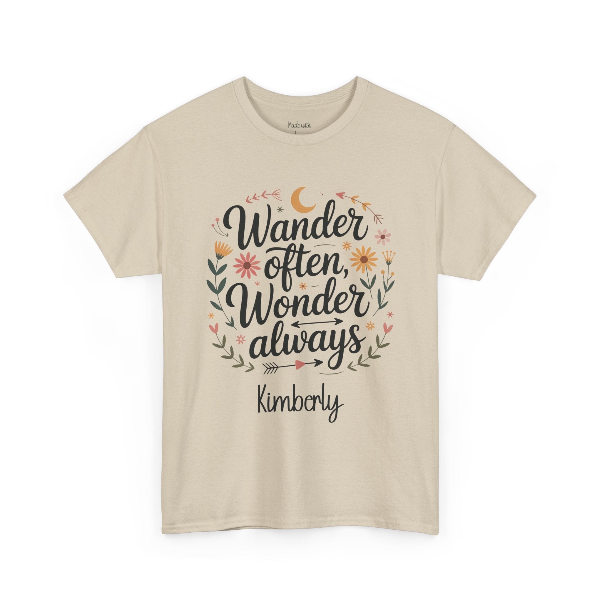 Wander Often personalized t-shirt with floral wreath design and name on the front