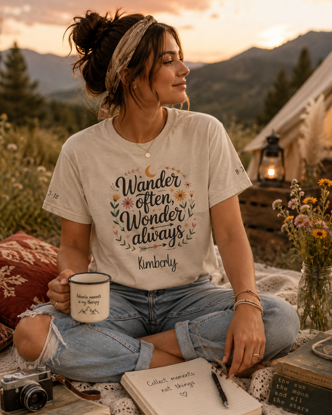 Wander Often t-shirt shown in a lifestyle setting