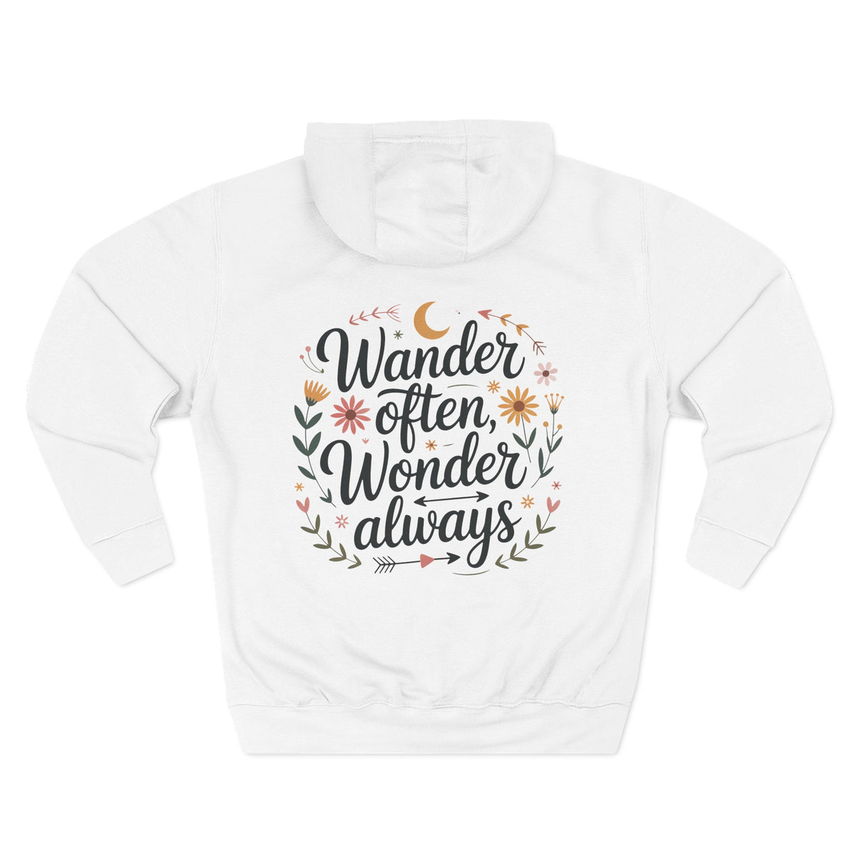 White personalized hoodie, back view, with “Wander Often, Wonder Always” design