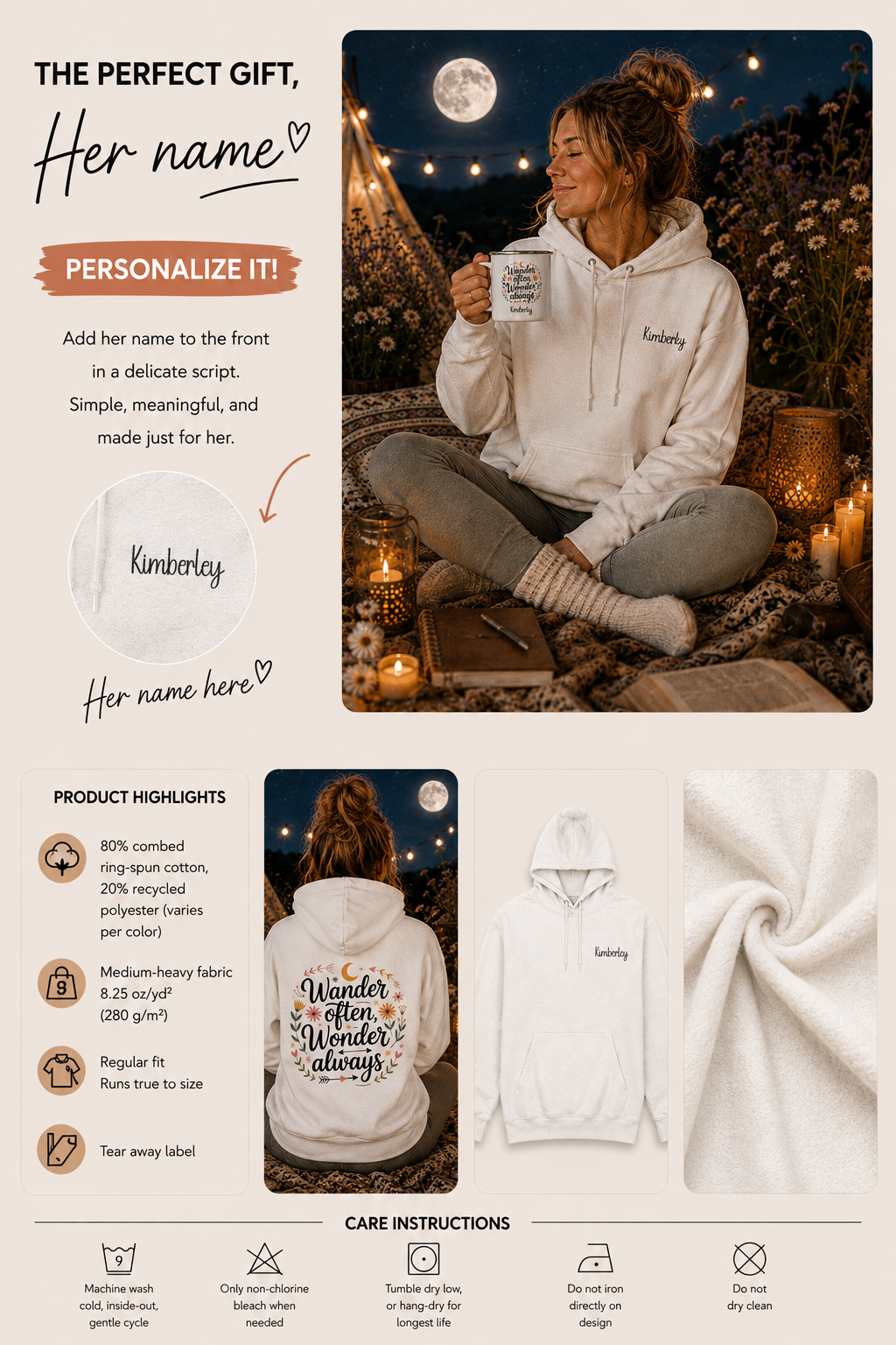 Product information graphic showing personalization placement, fabric details, and care instructions