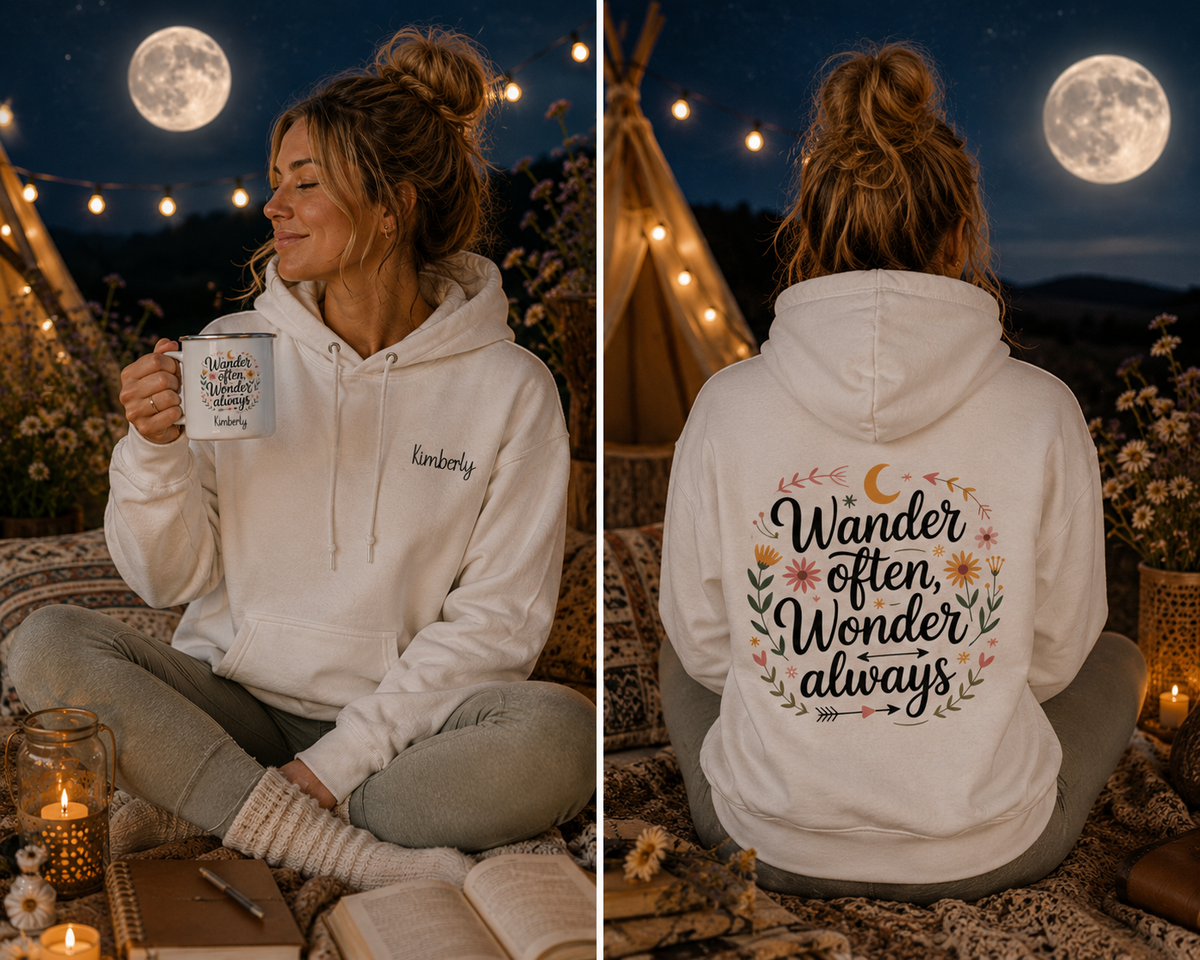 Woman wearing the personalized hoodie, front view with name on the chest and back view showing the design