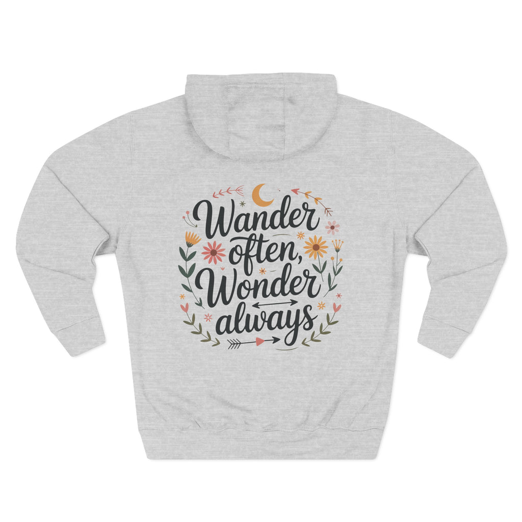 Front view of heather grey hoodie with customizable name embroidered on the chest