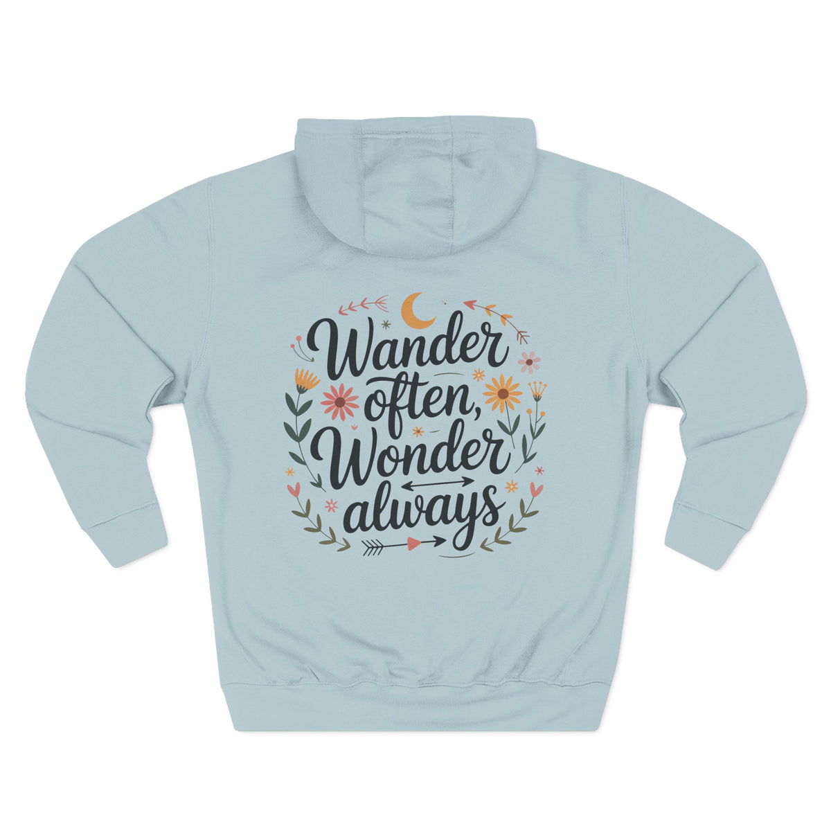 Front view of blue mist hoodie with customizable name embroidered on the chest