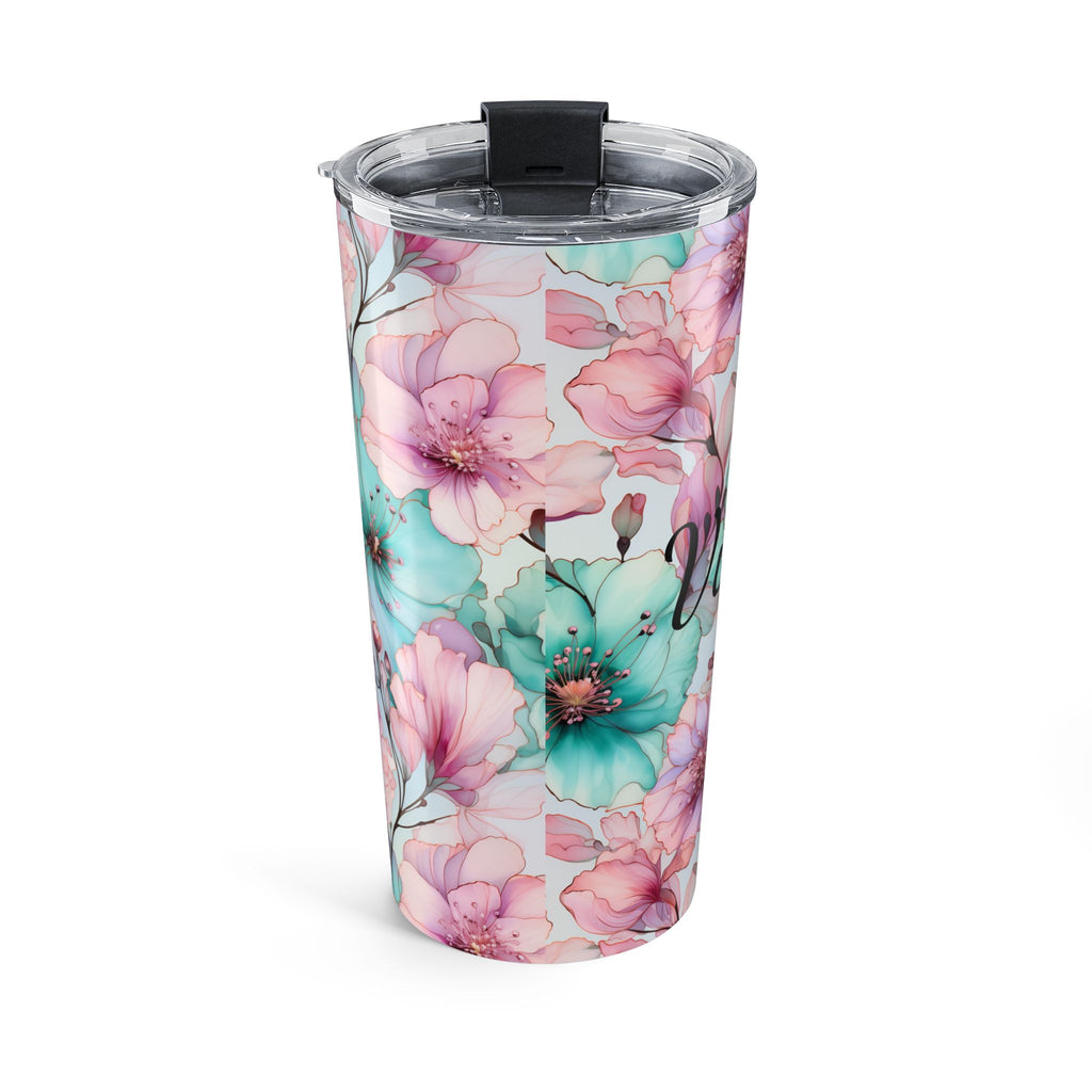 Close-up of the clear push-on lid on the pastel floral stainless steel tumbler