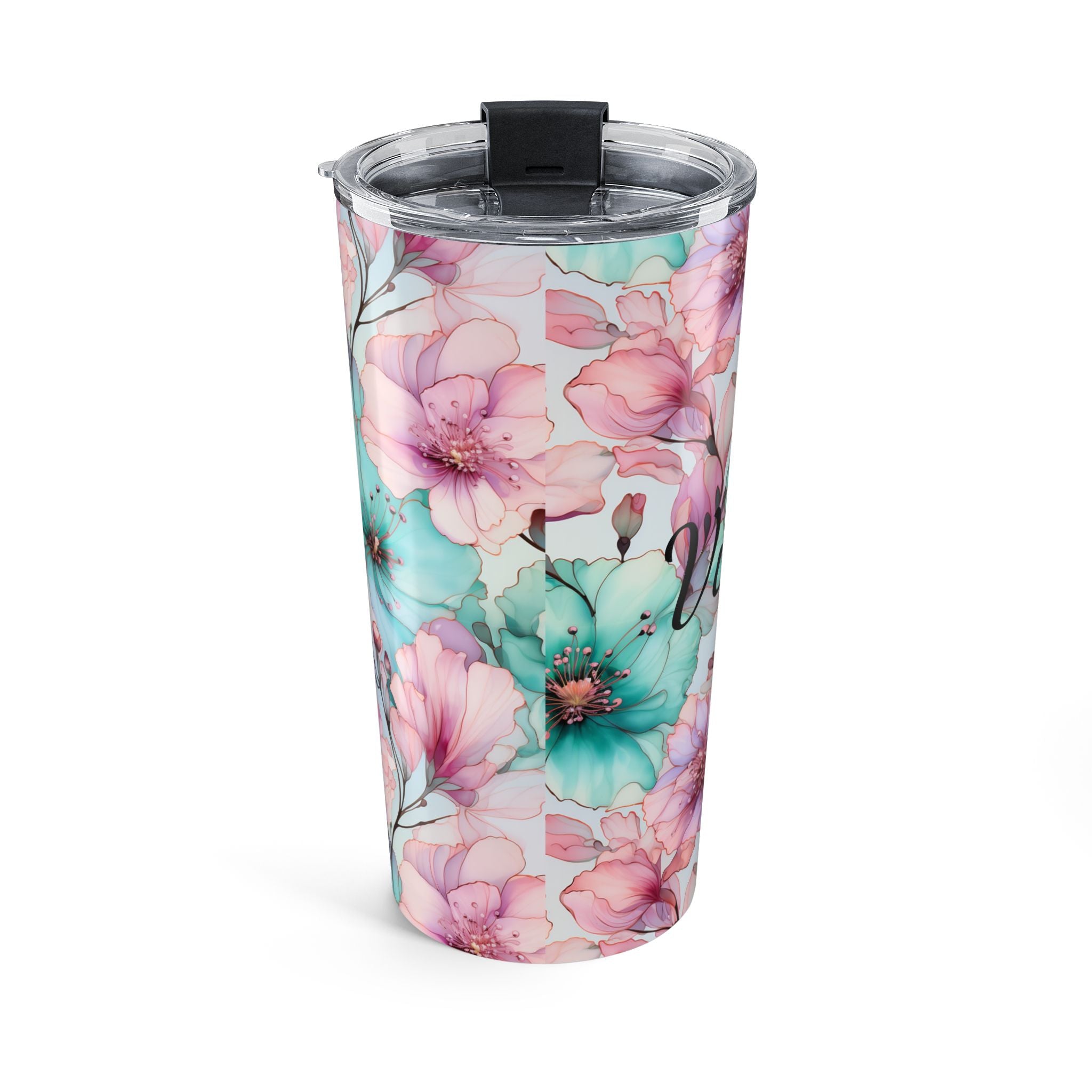 Close-up of the clear push-on lid on the pastel floral stainless steel tumbler