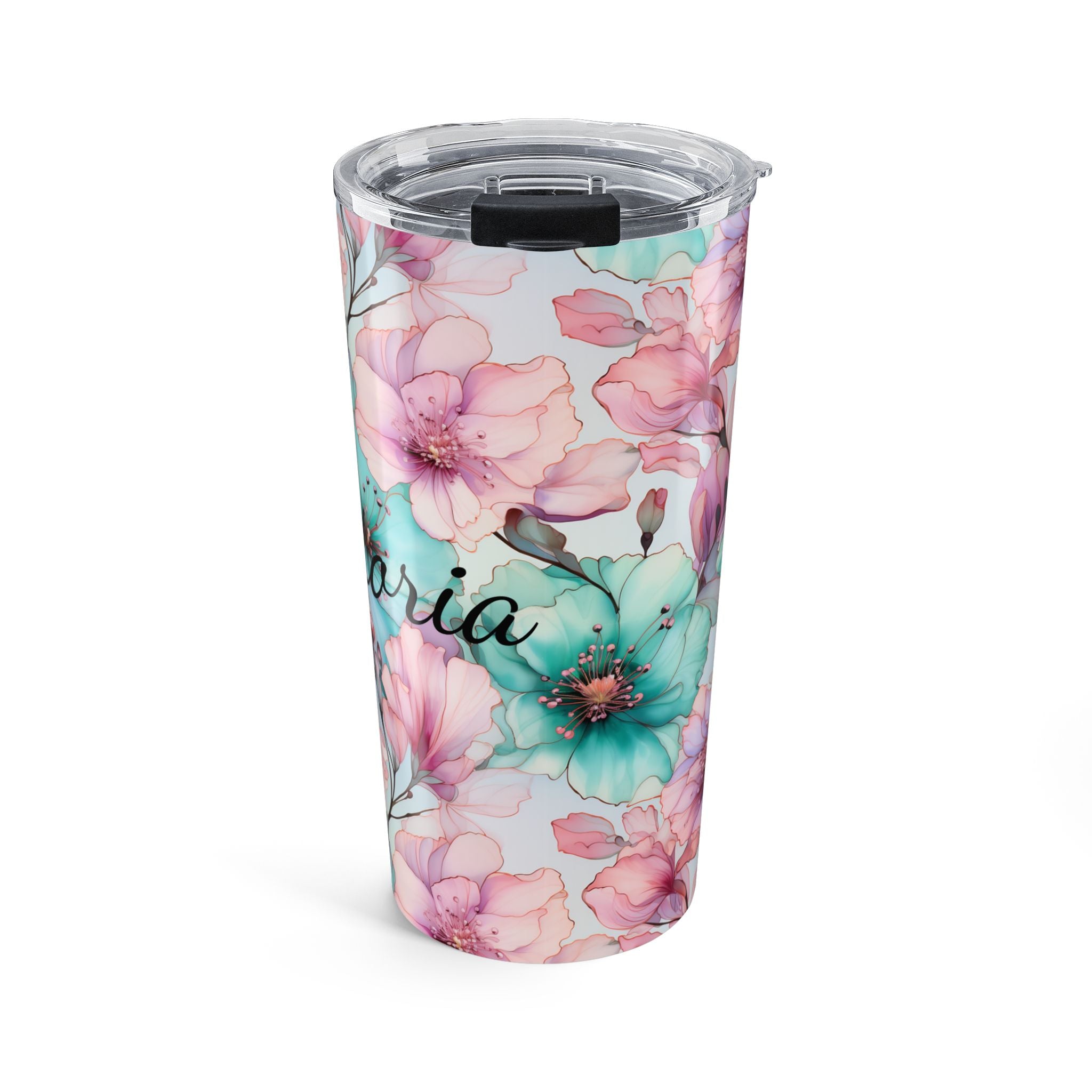 Side view of the watercolor floral tumbler showing pink and teal blooms wrapping around