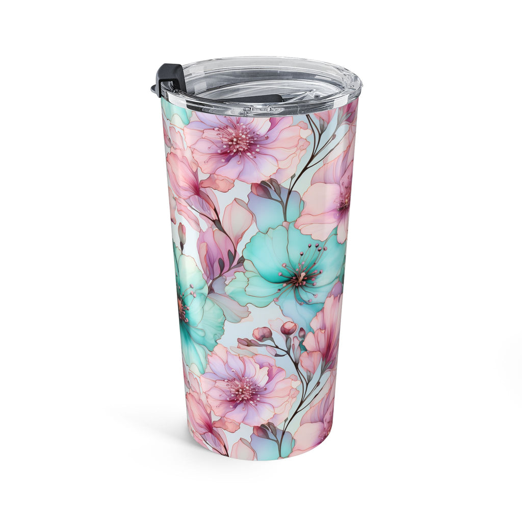 Personalized watercolor floral tumbler styled in a soft lifestyle scene