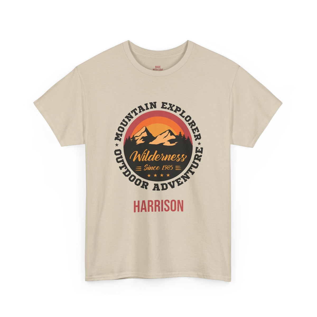 Wilderness Since 1985 personalized t-shirt with mountain explorer badge design and name on the front