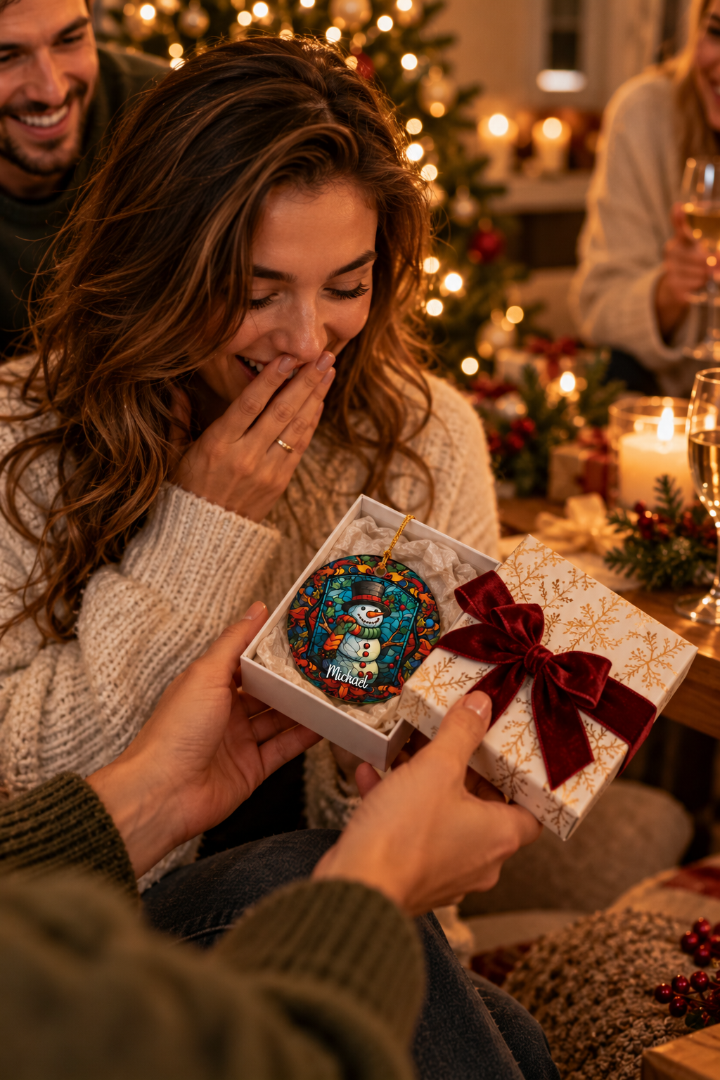 Woman delighted as she opens the woodland stained glass snowman ornament