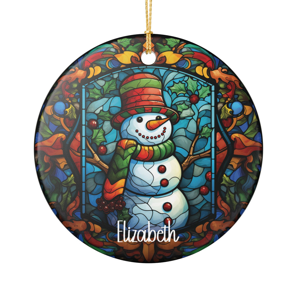 Personalized Woodland Stained Glass Snowman ornament with a snowman in a red hat and green scarf in a stained-glass woodland frame, front view