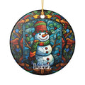 Personalized Woodland Stained Glass Snowman ornament with a snowman in a red hat and green scarf in a stained-glass woodland frame, front view