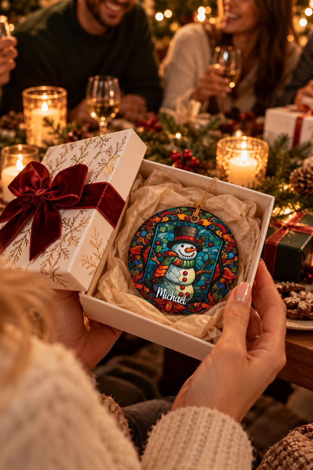 Hands holding the personalized Woodland Stained Glass Snowman ornament in its open gift box