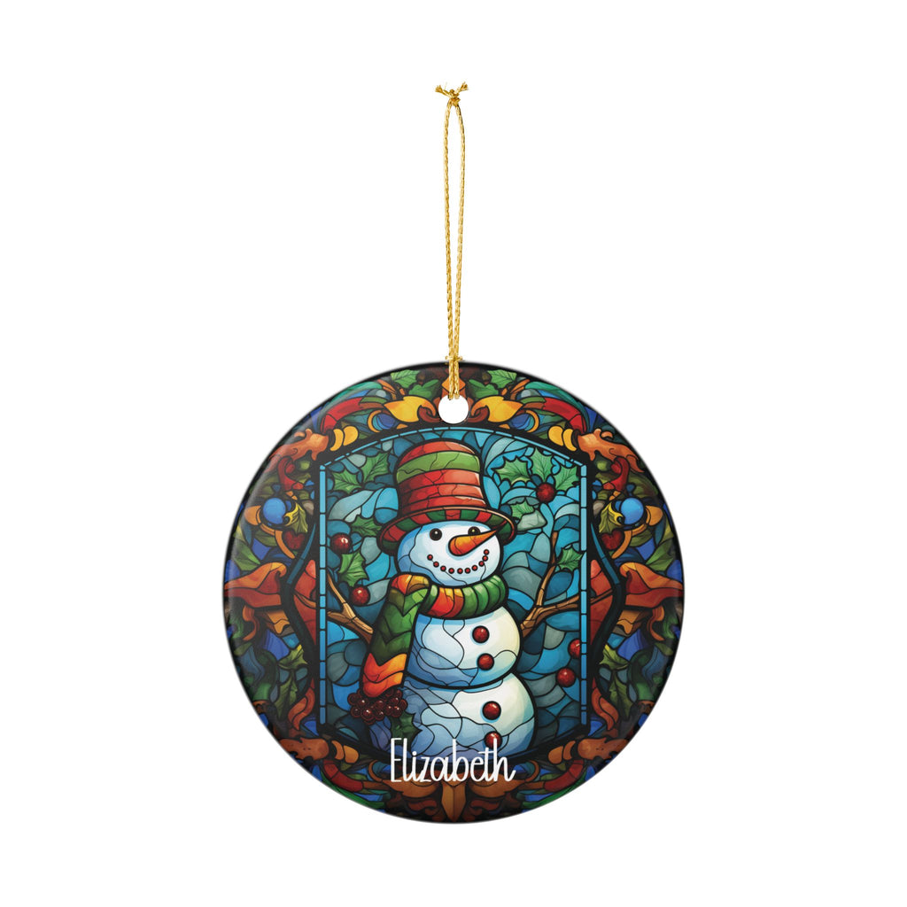 Personalized Woodland Stained Glass Snowman ornament hanging from its gold string