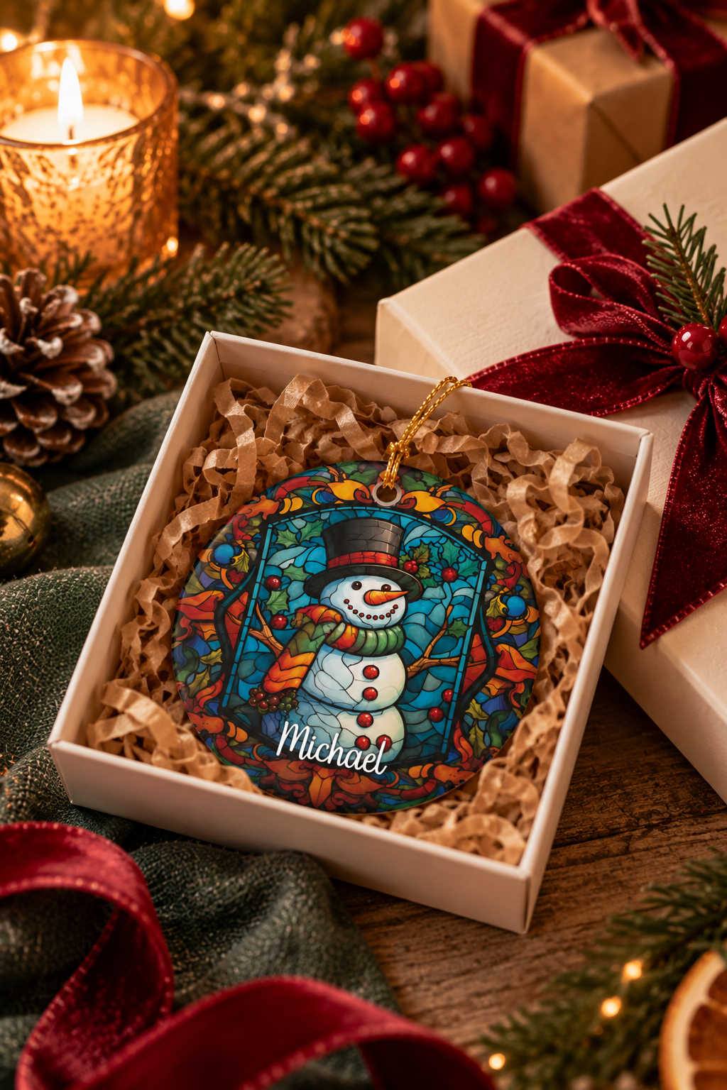 Woodland Stained Glass Snowman ornament nestled in a kraft gift box with crinkle paper, ready to give