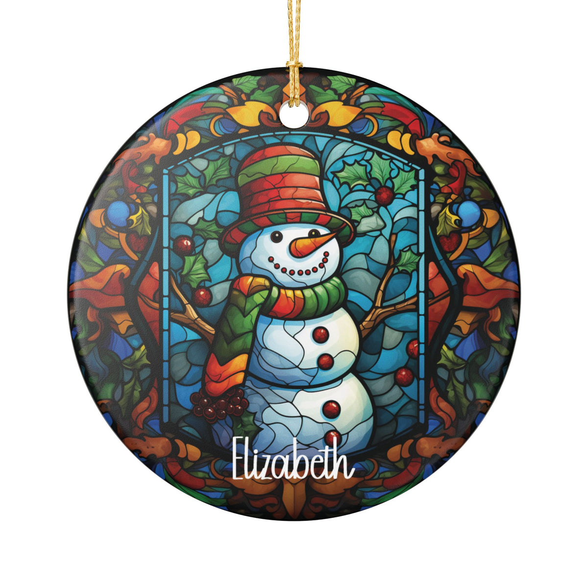 Woodland Stained Glass Snowman ceramic Christmas ornament personalized with a name in white script