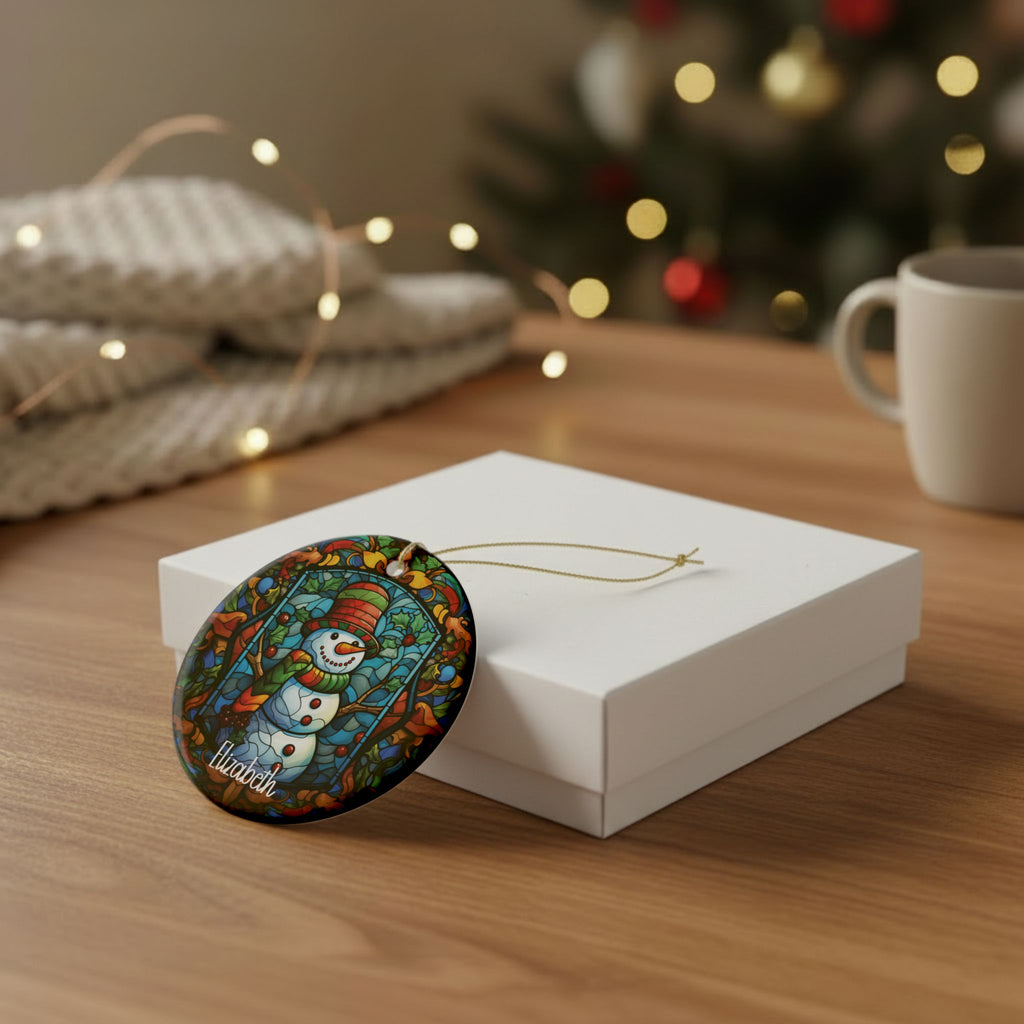 Woodland Stained Glass Snowman ornament leaning against a white gift box on a wooden table