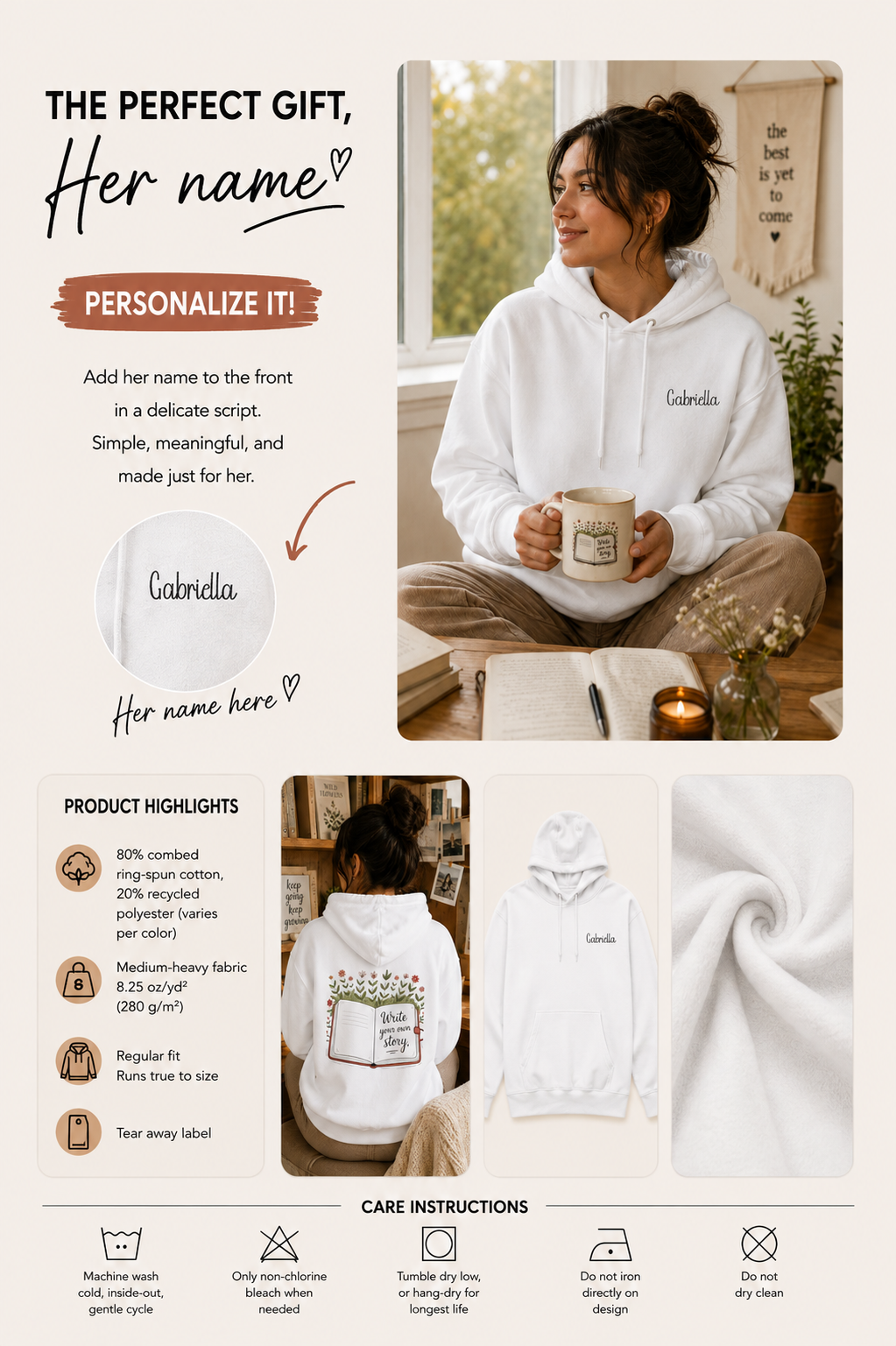 Product information graphic showing personalization placement, fabric details, and care instructions