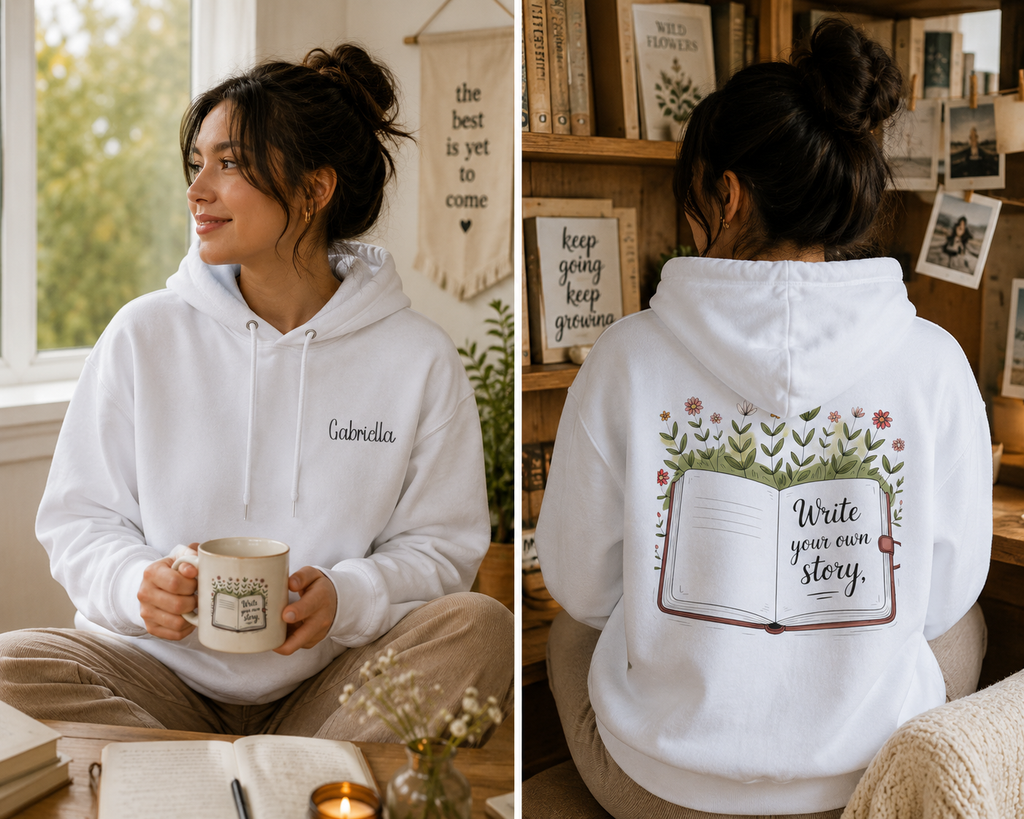 Woman wearing the personalized hoodie, front view with name on the chest and back view showing the design