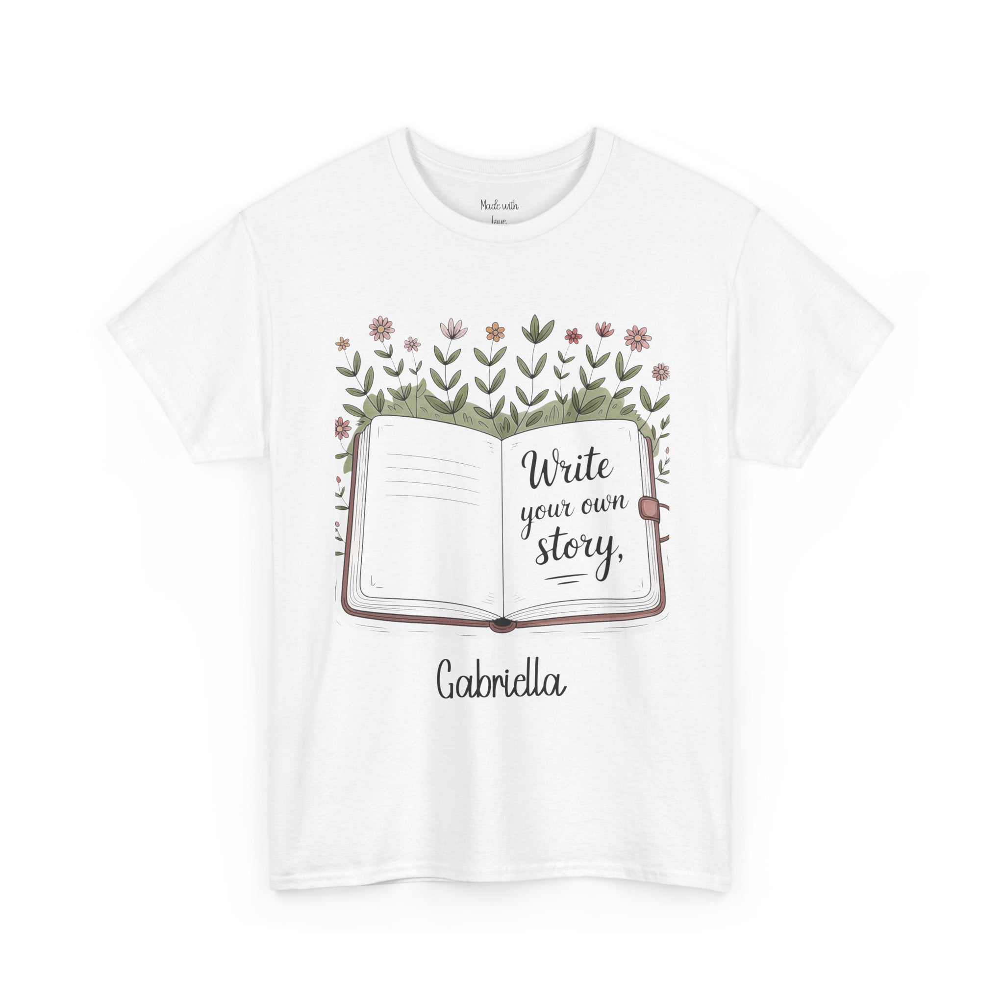 Write Your Own Story personalized t-shirt with storybook design and name on the front