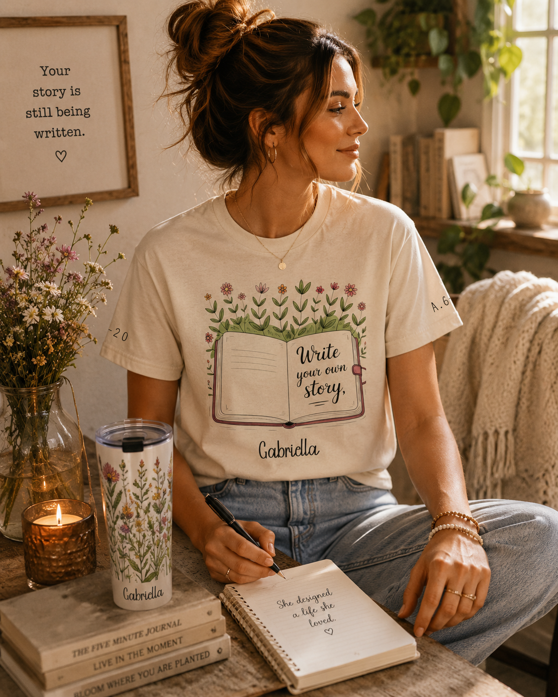 Write Your Own Story t-shirt shown in a lifestyle setting