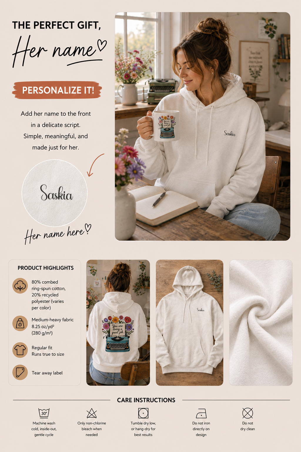 Product information graphic showing personalization placement, fabric details, and care instructions