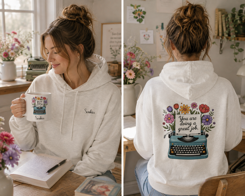Woman wearing the personalized hoodie, front view with name on the chest and back view showing the design