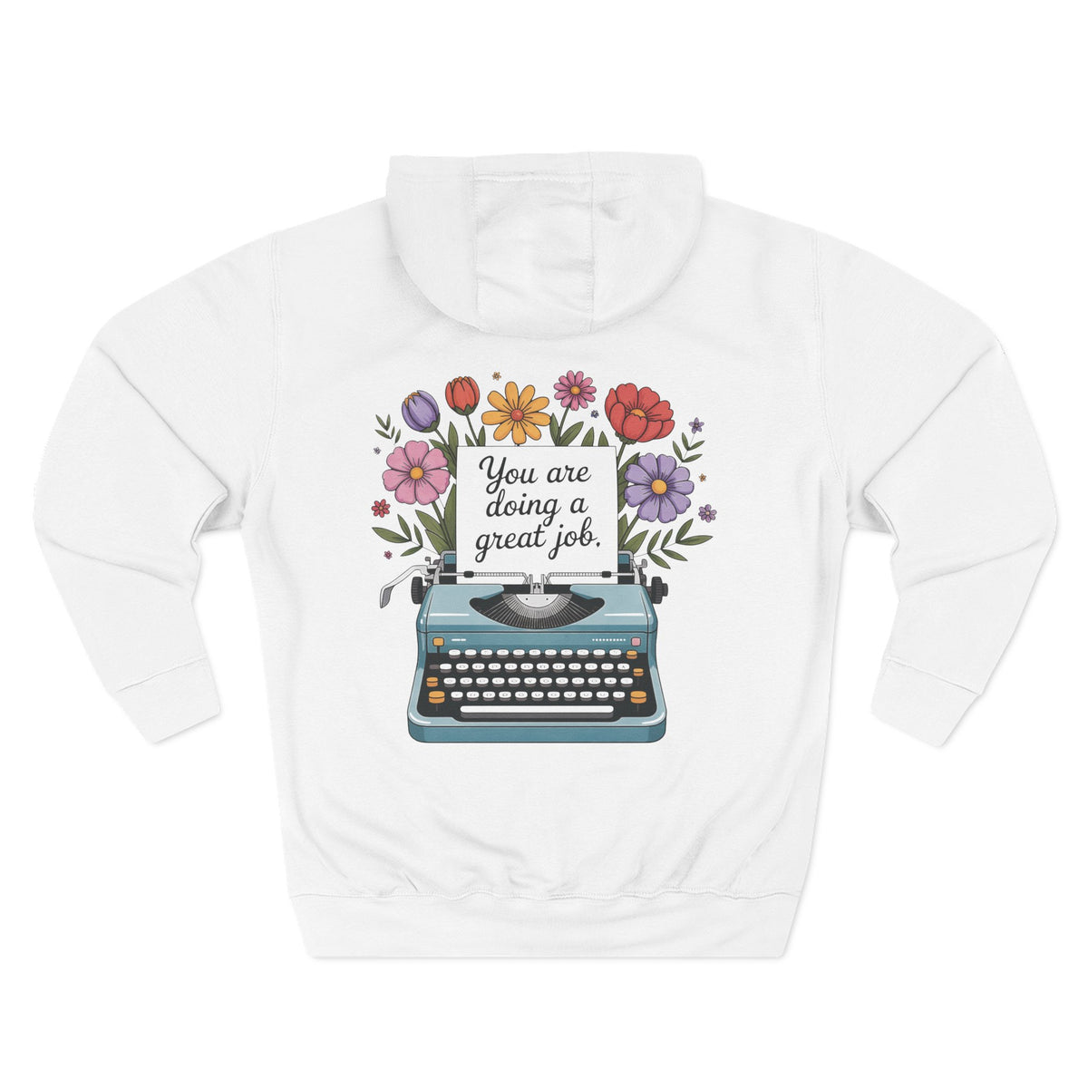 Front view of white hoodie with customizable name embroidered on the chest