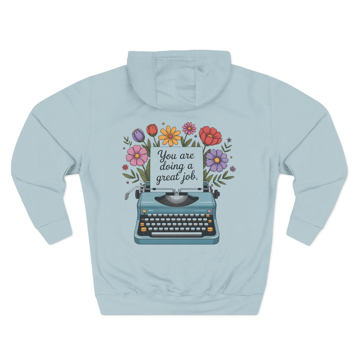 Front view of blue mist hoodie with customizable name embroidered on the chest