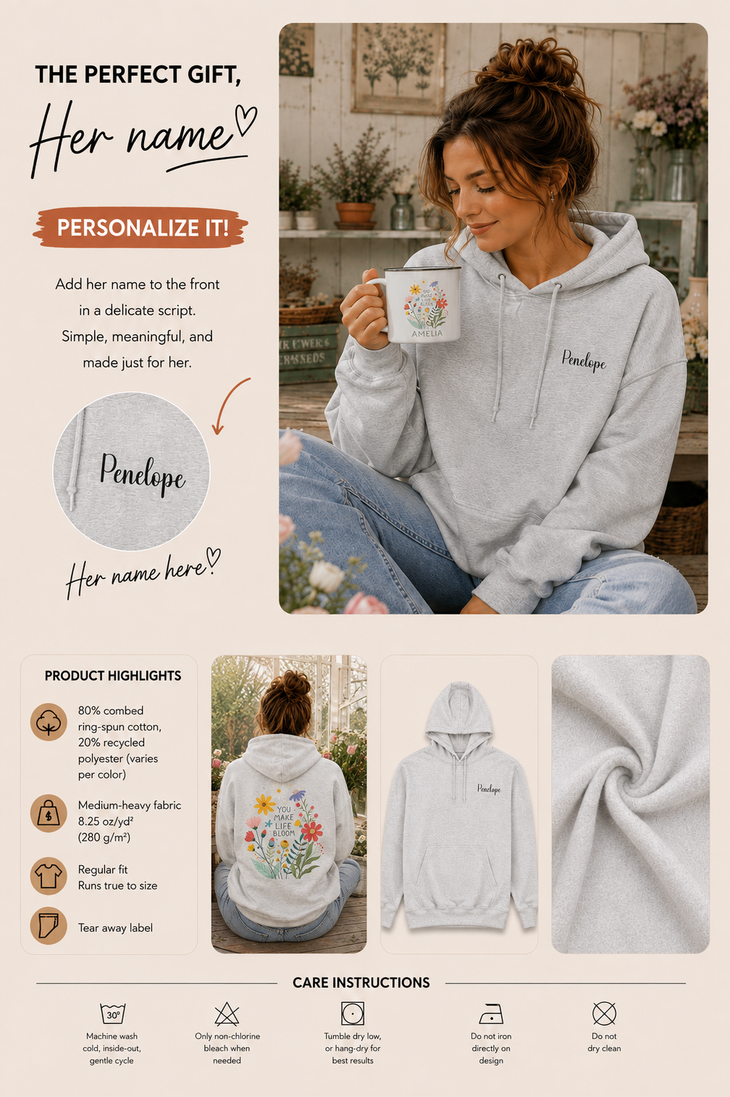 Product information graphic showing personalization placement, fabric details, and care instructions