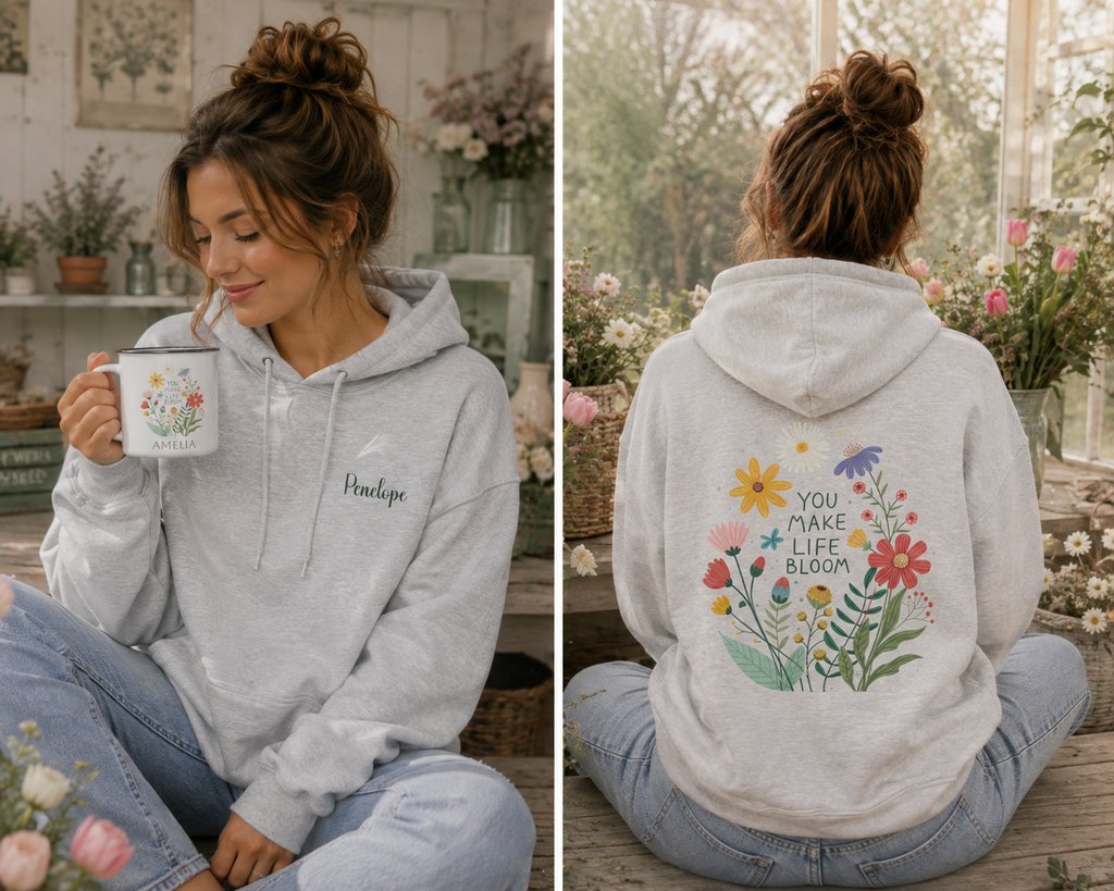 Woman wearing the personalized hoodie, front view with name on the chest and back view showing the design