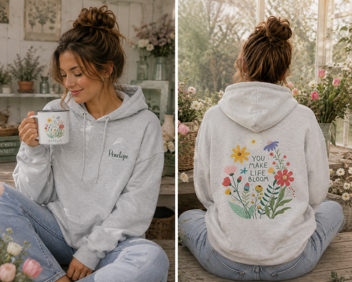 Woman wearing the personalized hoodie, front view with name on the chest and back view showing the design
