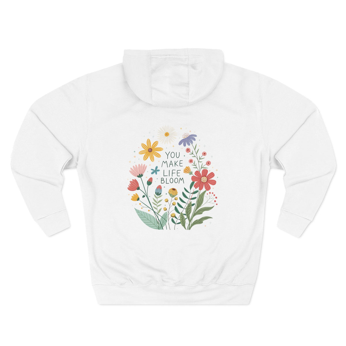 Front view of white hoodie with customizable name embroidered on the chest