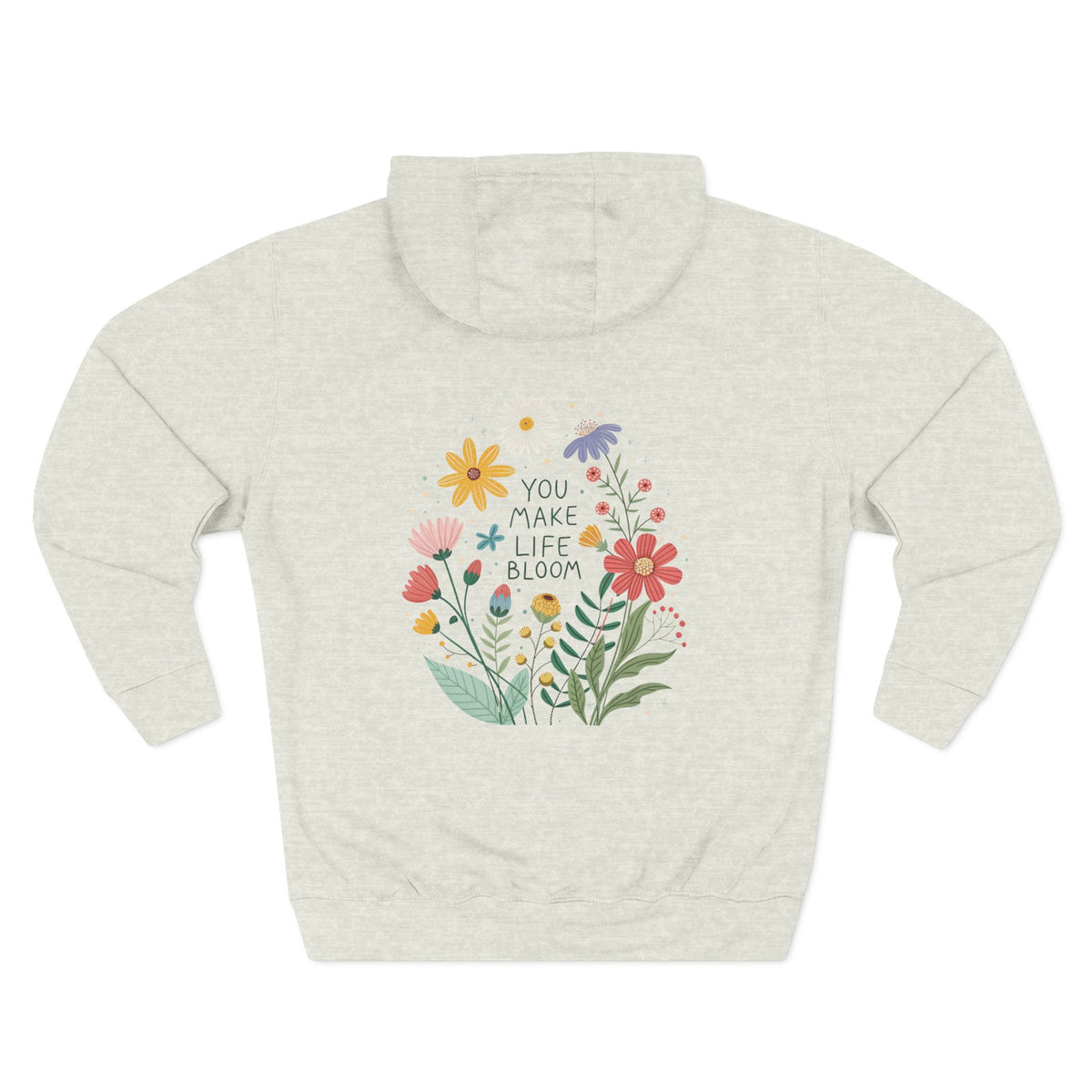 Front view of oatmeal heather hoodie with customizable name embroidered on the chest