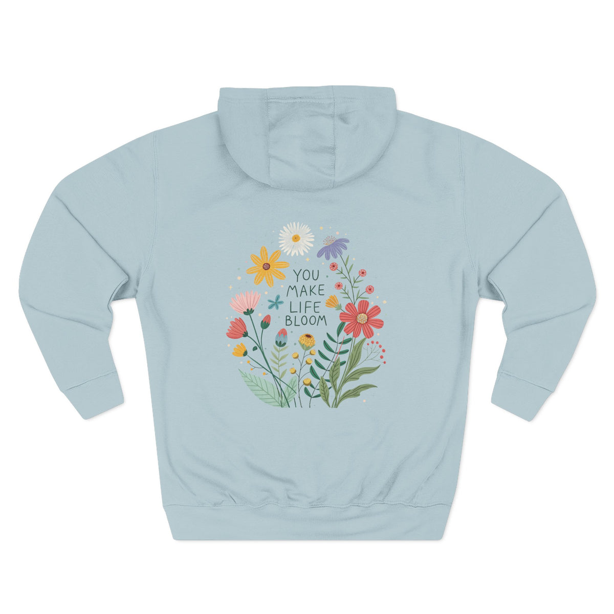 Front view of blue mist hoodie with customizable name embroidered on the chest