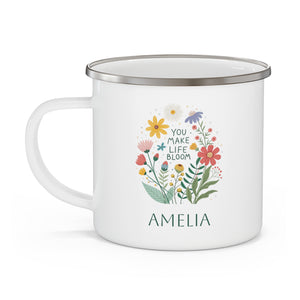 Personalized "You Make Life Bloom" Enamel Mug – Floral Name Mug for Her, 12oz